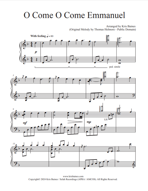 "O Come, O Come, Emmanuel" + MP3 (Reflective Solo Piano Score by Kris Baines)