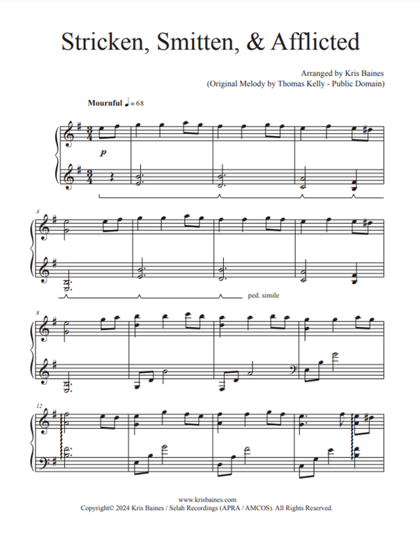 "Stricken, Smitten & Afflicted" + MP3 (Reflective Solo Piano Score by Kris Baines)