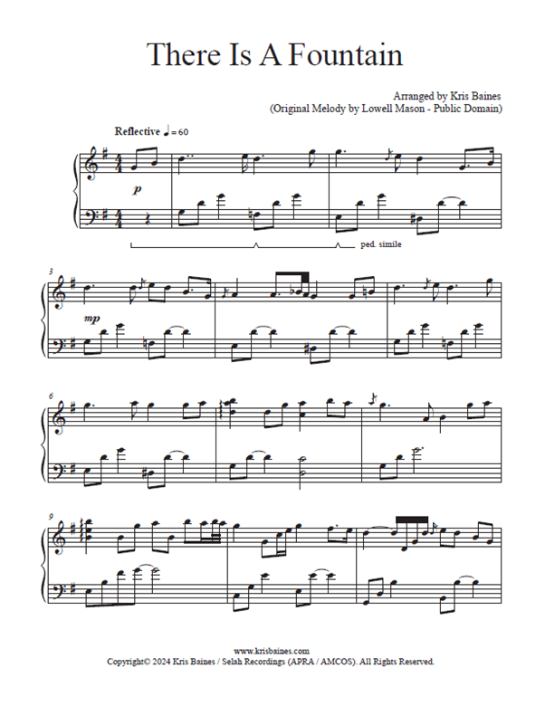 "There Is A Fountain" + MP3 (Reflective Solo Piano Score by Kris Baines)
