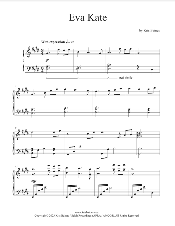 "Eva Kate" - Solo Piano Score